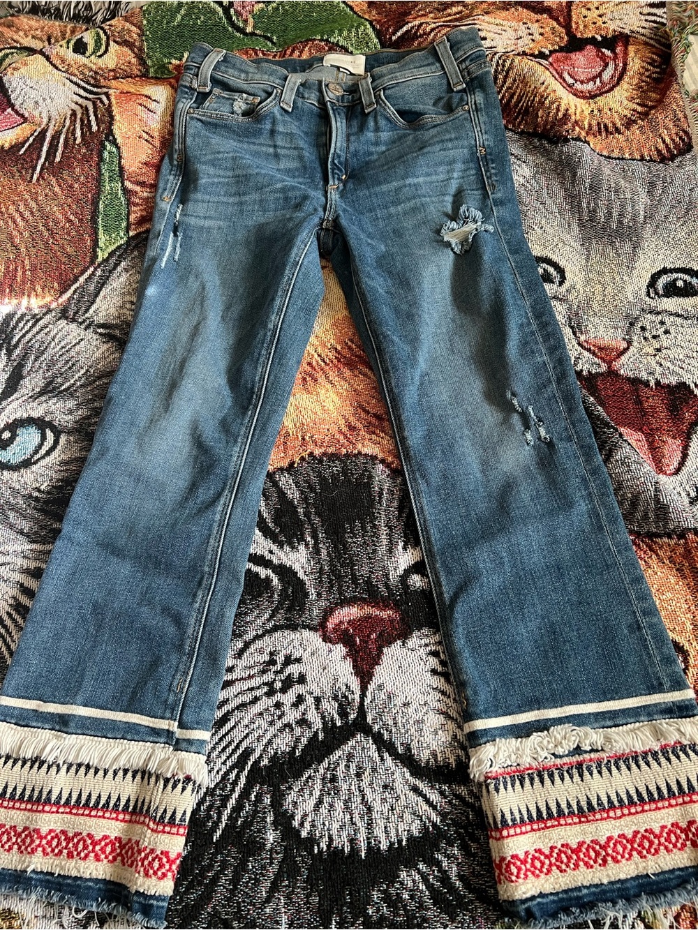 Fringed Embroidered Hem Wide-Leg Jeans - Blue